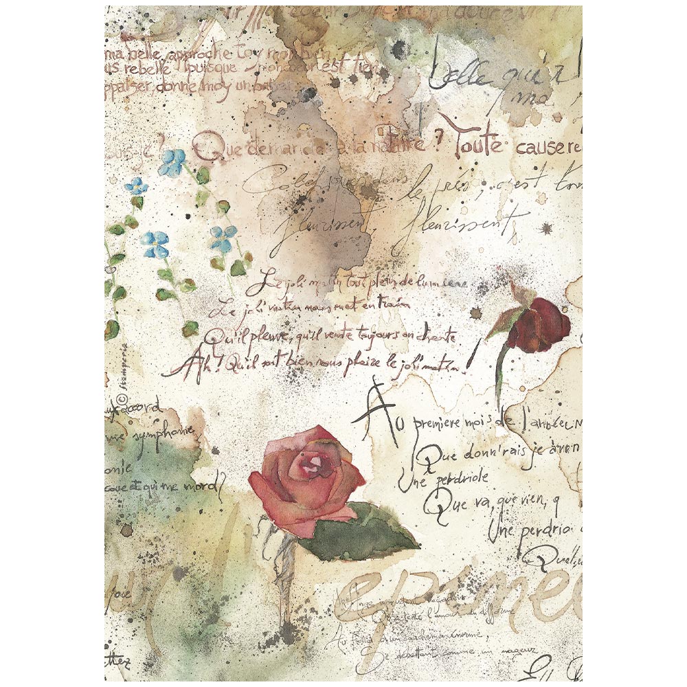 Vintage-style art print featuring a red rose with green leaves, handwritten script, and watercolor textures on a warm beige background.