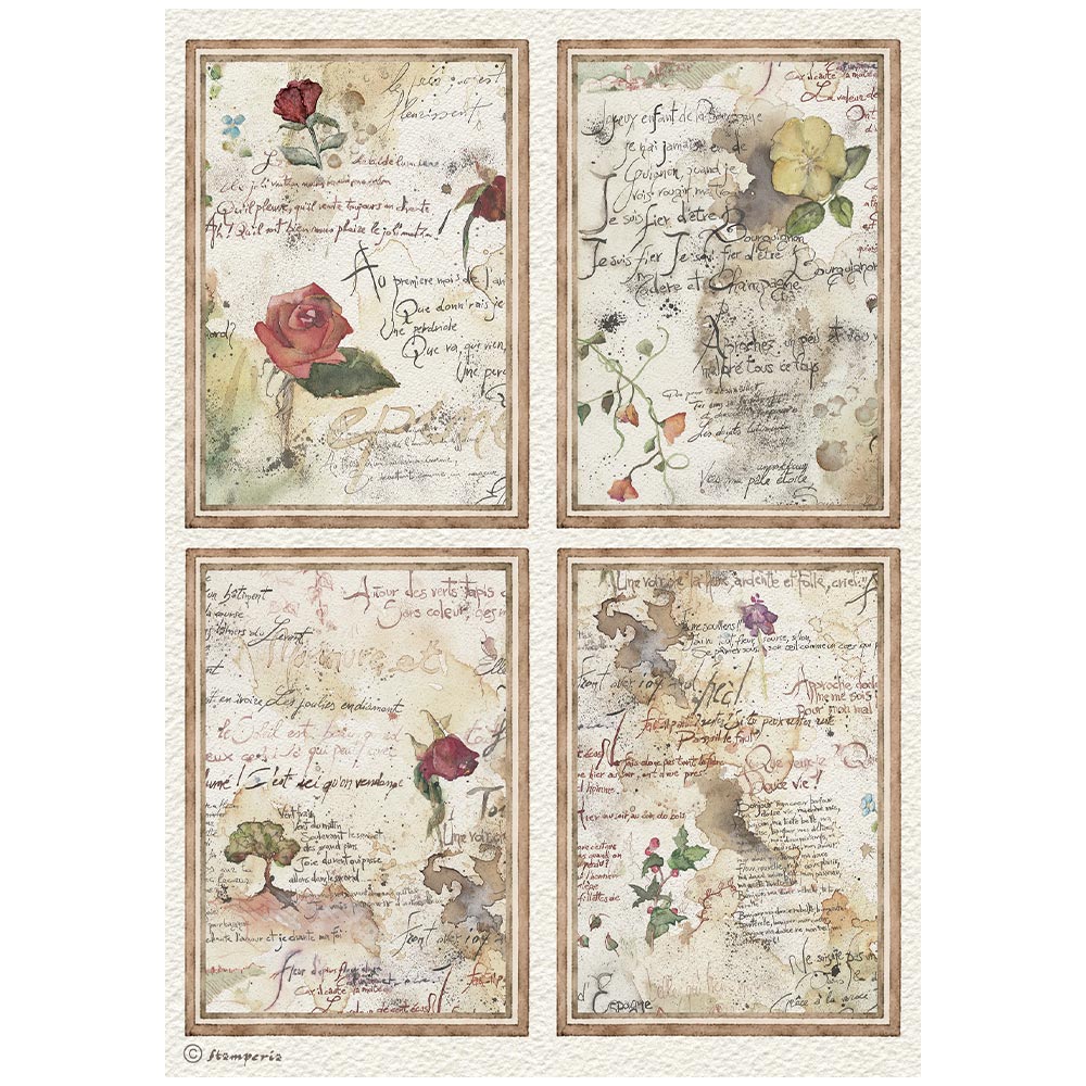 Four vintage-style decorative panels with French script, watercolor flowers, and distressed beige backgrounds, arranged in a 2x2 grid on a white surface.