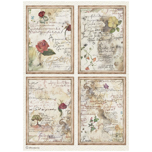 Four vintage-style decorative panels with French script, watercolor flowers, and distressed beige backgrounds, arranged in a 2x2 grid on a white surface.