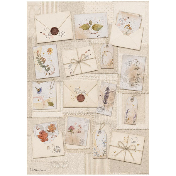 A decorative collage of vintage-style envelopes, tags, and postcards in soft cream, beige, and muted botanical tones, arranged on a patchwork fabric background. The designs include illustrated leaves, flowers, wax seals, ribbons, and small postage motifs.