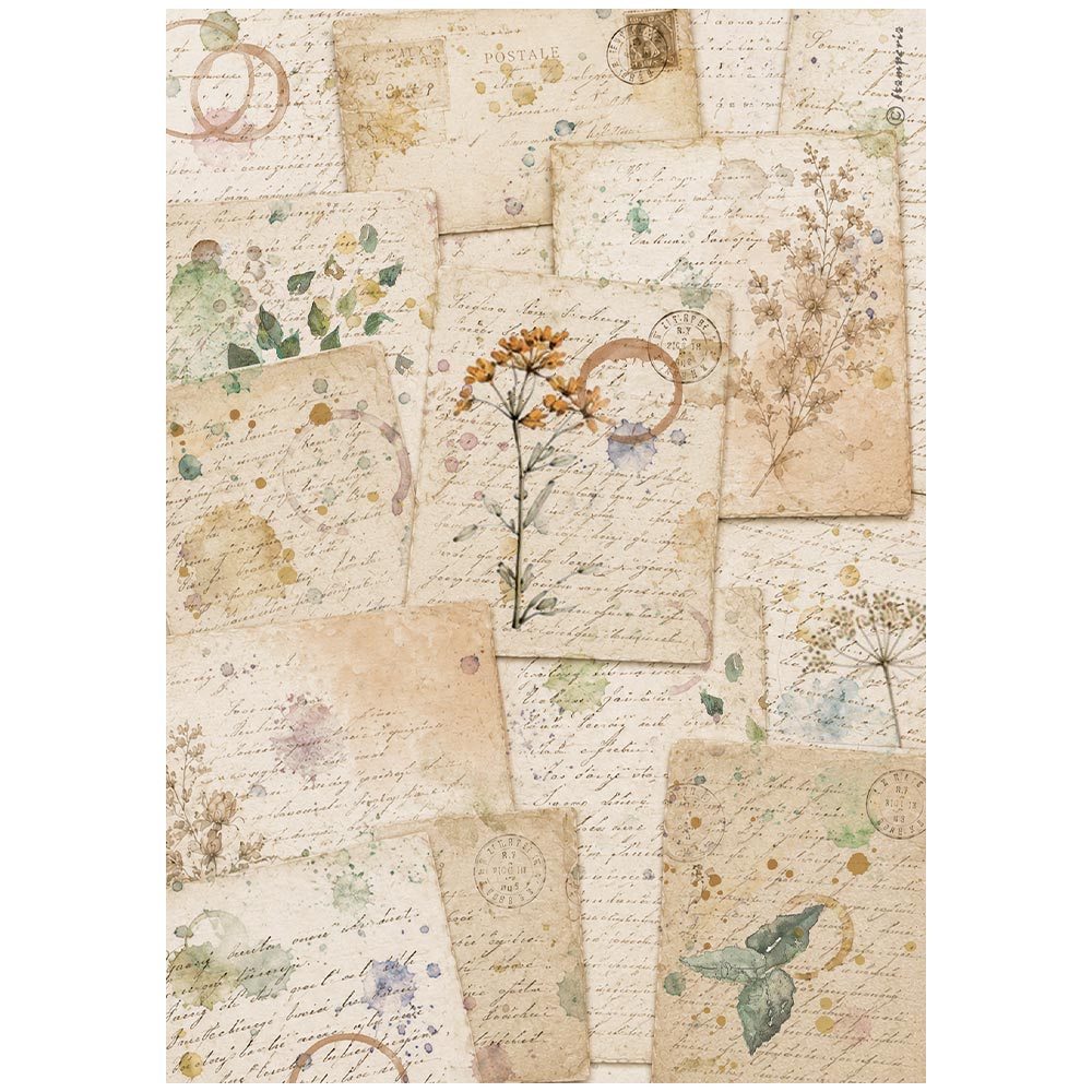A vintage-style collage print featuring overlapping aged paper sheets with handwritten script, watercolor washes, and pressed floral elements in soft beige, green, and muted orange tones.