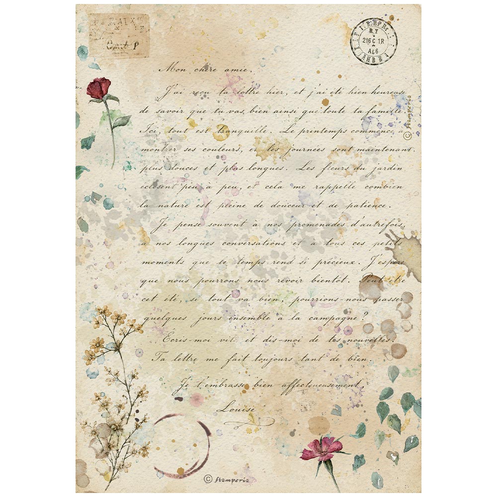 Stamperia FLOWERS and POEMS - Homemade Letter - Decoupage Rice Paper A4 #DFSA41163