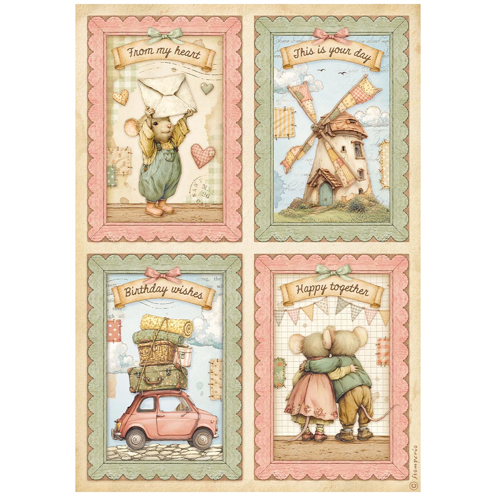 Stamperia COZY FAMILY - 4 CARDS - Decoupage Rice Paper A4 #DFSA41164