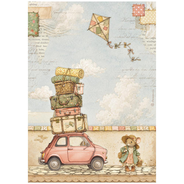 A vintage-style illustrated scene showing a pink car carrying a tall stack of suitcases and a rolled blanket under a blue sky with clouds and a patchwork kite. A small mouse in a hat stands on the right, and the background includes postmarks and cursive writing.