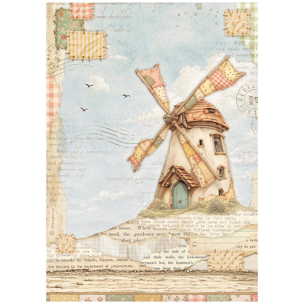 A vintage-style illustrated print featuring a small windmill with patchwork-colored blades, set against a pale blue sky with clouds and birds. The scene includes distressed paper textures, postmark marks, and faded text, giving it an antique collage aesthetic.