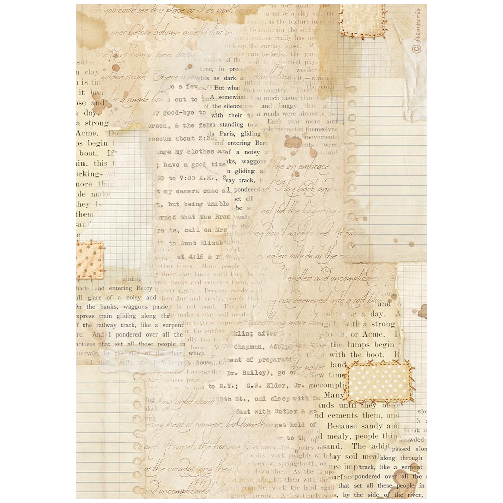 Vintage-style scrapbook paper featuring a collage of aged beige parchment, handwritten script, printed text, grid lines, and small decorative patches.
