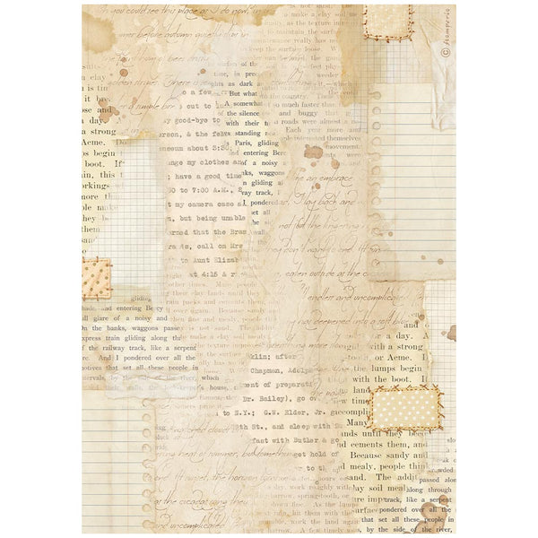 Vintage-style scrapbook paper featuring a collage of aged beige parchment, handwritten script, printed text, grid lines, and small decorative patches.