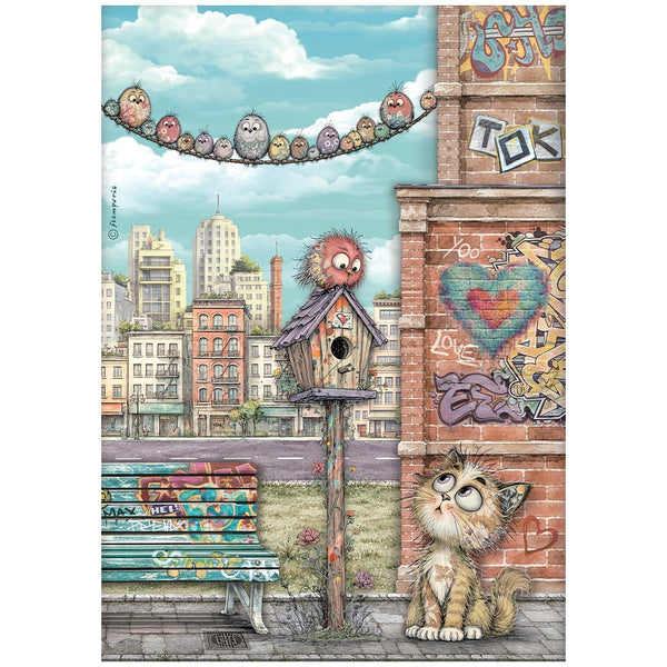 Stamperia Furry Friends 2 - NEST CAT and BIRD Decoupage Rice Paper A4 #DFSA41171