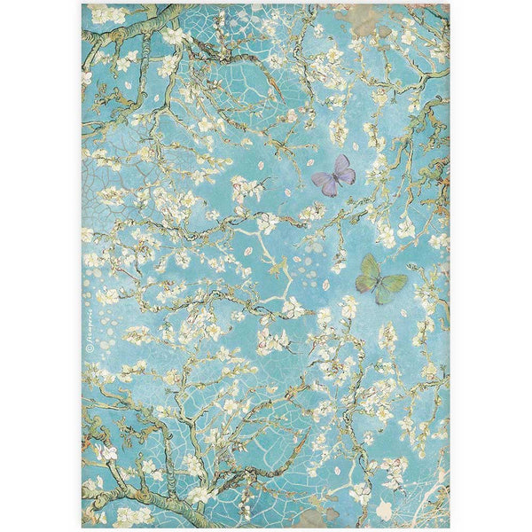 Stamperia Best Sellers ATELIER BLOSSOM BLUE BACKGROUND WITH BUTTERFLY A4 Decoupage Rice Paper #DFSA4546