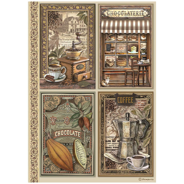 Stamperia COFFEE and CHOCOLATE 4 CARDS  Decoupage Rice Paper A4 #DFSA4821