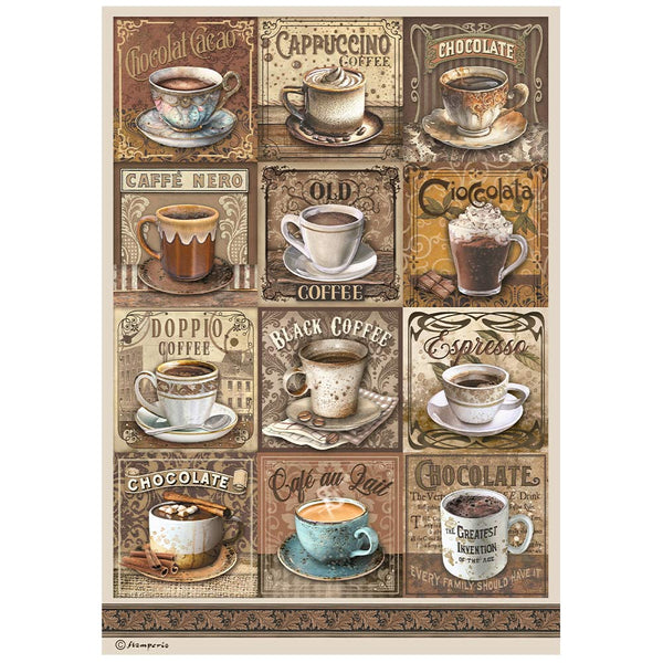 Stamperia COFFEE and CHOCOLATE Tags with CUPS  Decoupage Rice Paper A4 #DFSA4822