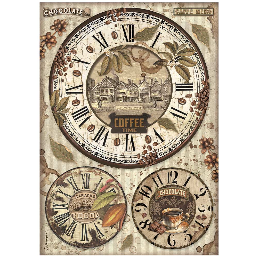 Stamperia COFFEE and CHOCOLATE CLOCKS  Decoupage Rice Paper A4 #DFSA4823