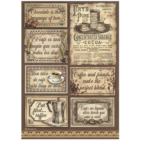 Stamperia COFFEE and CHOCOLATE LABELS Decoupage Rice Paper A4 #DFSA4826