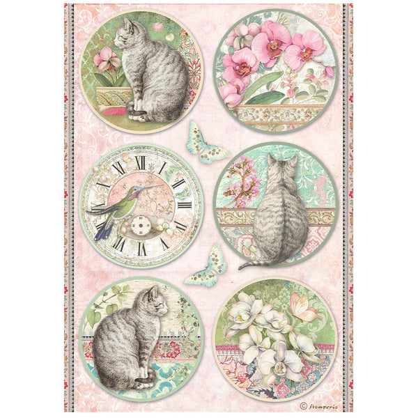 STAMPERIA Orchids and Cats 6 ROUNDS A4 Decoupage Rice Paper #DFSA4849
