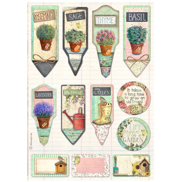 Stamperia GARDEN TAGS and LABELS A4 Decoupage Rice Paper #DFSA4869