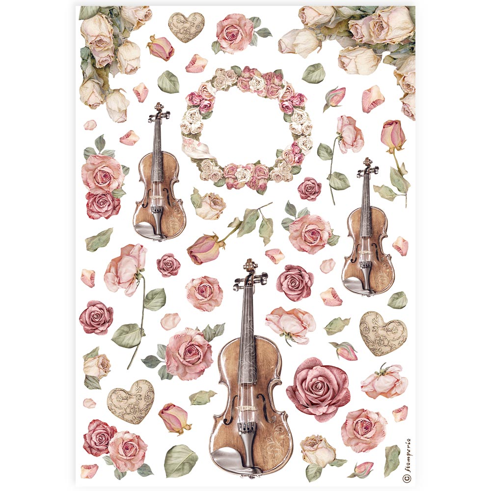 Stamperia Best Sellers VIOLINS and ROSES A4 Decoupage Rice Paper #DFSA4900