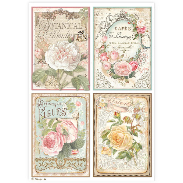 Stamperia Best Sellers 4 CARDS ROSES A4 Decoupage Rice Paper #DFSA4909