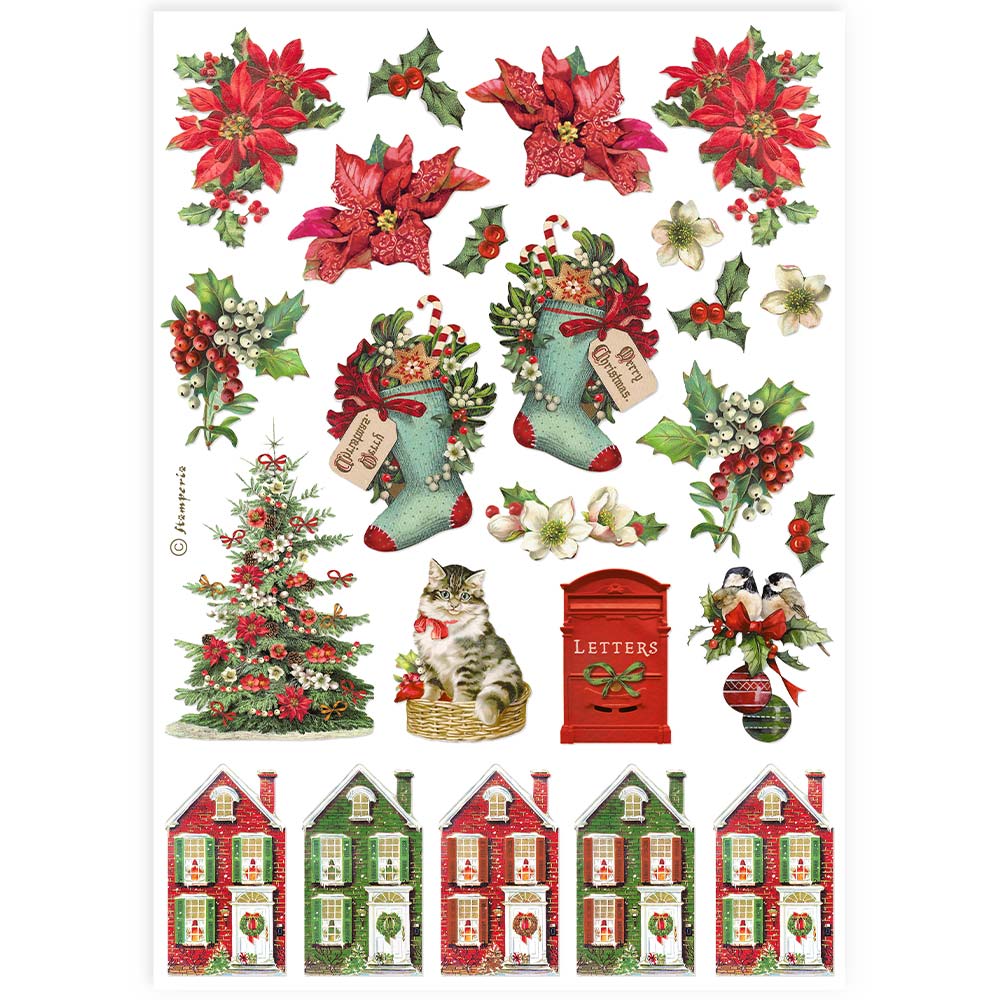 STAMPERIA CLASSIC CHRISTMAS Socks and Houses A4 Decoupage Rice Paper #DFSA4918