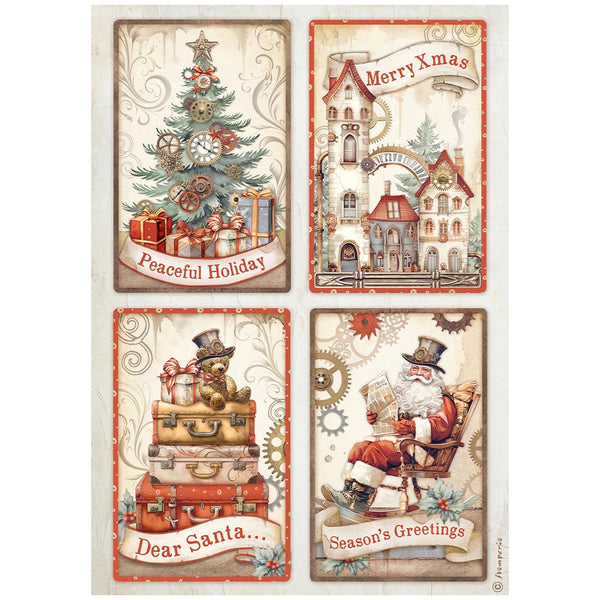 STAMPERIA GEAR UP FOR CHRISTMAS 4 CARDS A4 Decoupage Rice Paper #DFSA4935