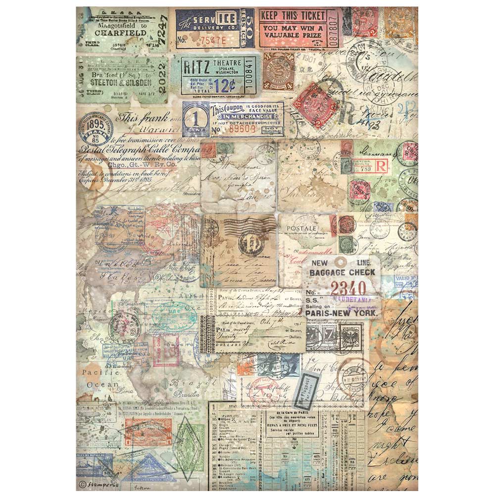 Stamperia ART OF TRAVELLING - TICKETS A4 Decoupage Rice Paper #DFSA4978