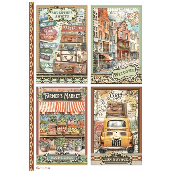 Stamperia ART OF TRAVELLING - 4 CARDS A4 Decoupage Rice Paper #DFSA4979