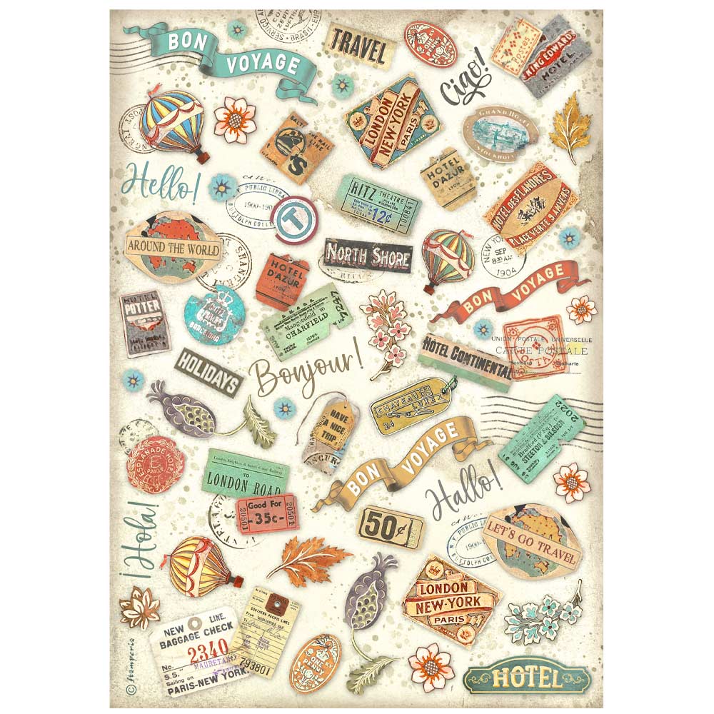 Stamperia ART OF TRAVELLING - LABELS A4 Decoupage Rice Paper #DFSA4980