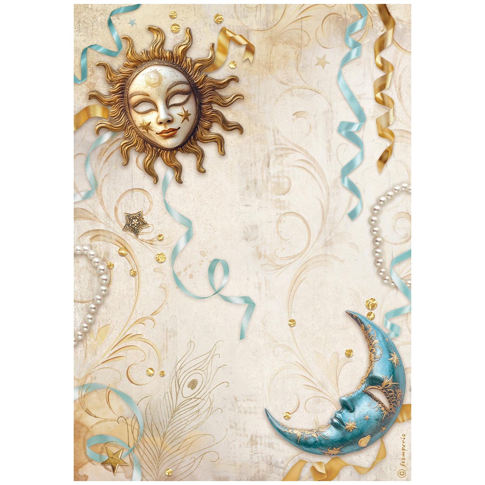 PRE-ORDER Stamperia MASQUERADE SUN and MOON A4 Decoupage Rice Paper #DFSA4982