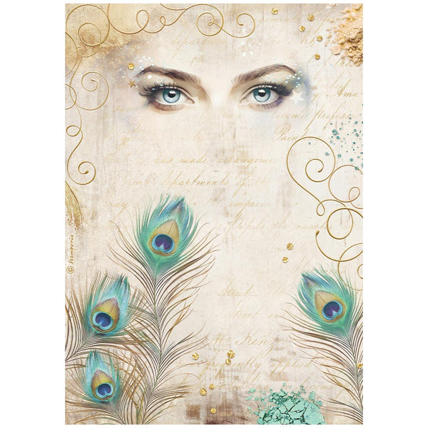 PRE-ORDER Stamperia MASQUERADE EYES and FEATHERS A4 Decoupage Rice Paper #DFSA4984