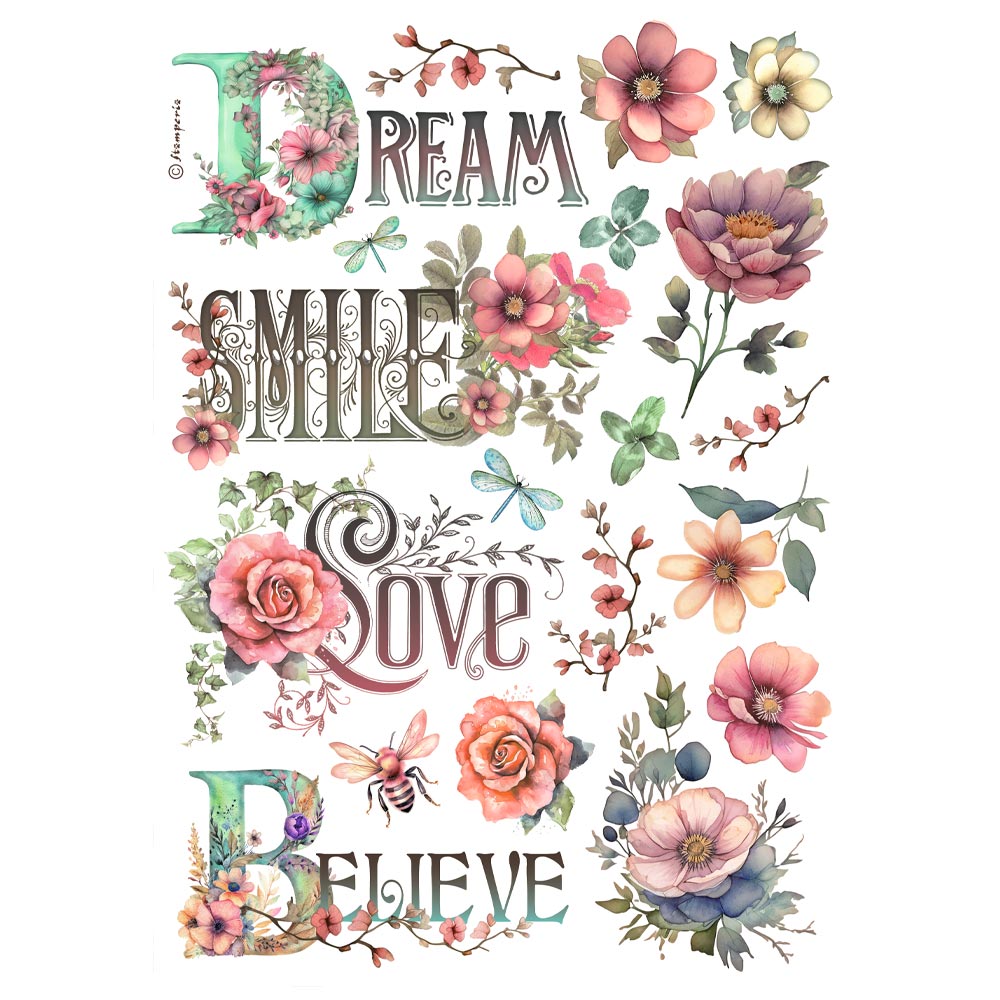 STAMPERIA DREAM, SMILE, LOVE, BELIEVE - Best Sellers Decoupage Rice Paper A4 #DFSA4992