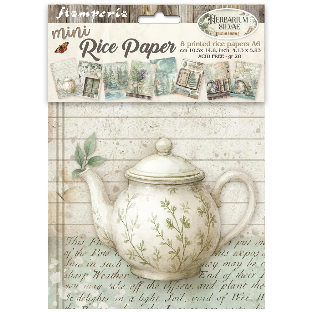 Packaged rice paper with teapot design on a wooden background