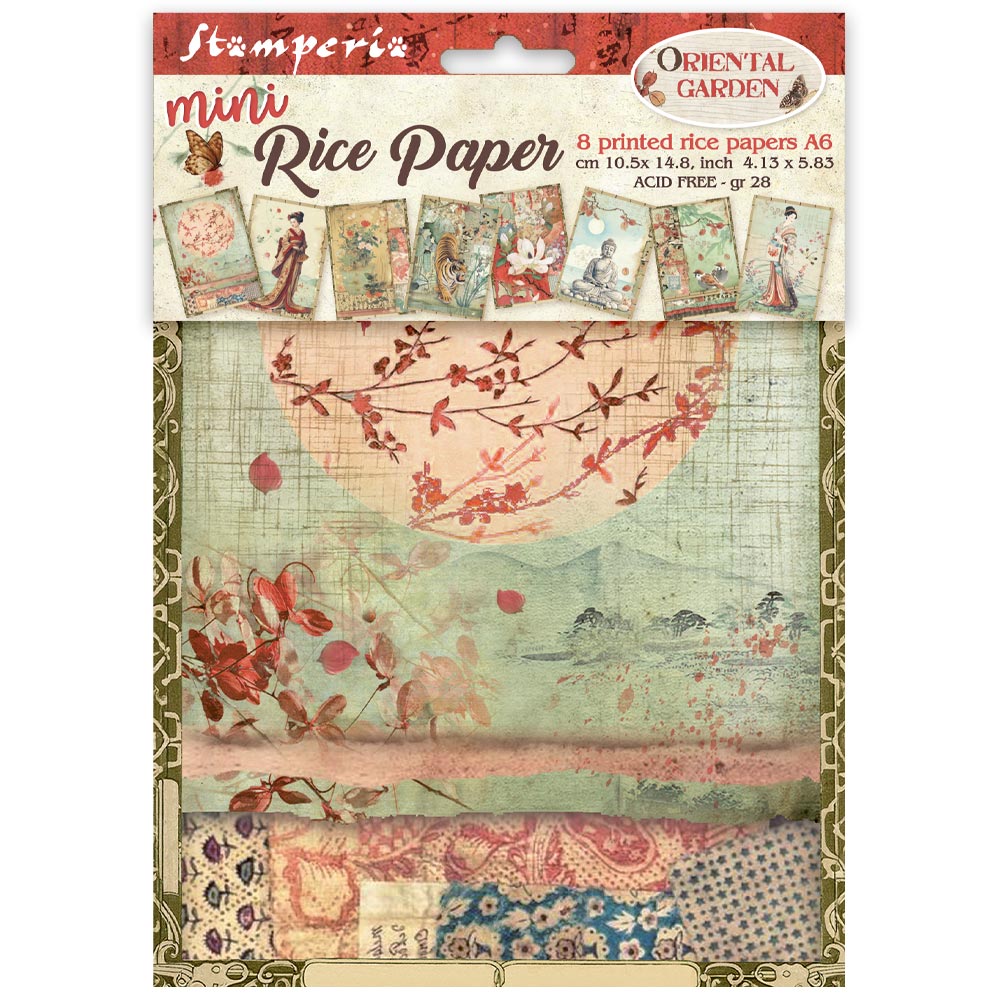 Packaged mini rice paper with artistic designs on a white background
