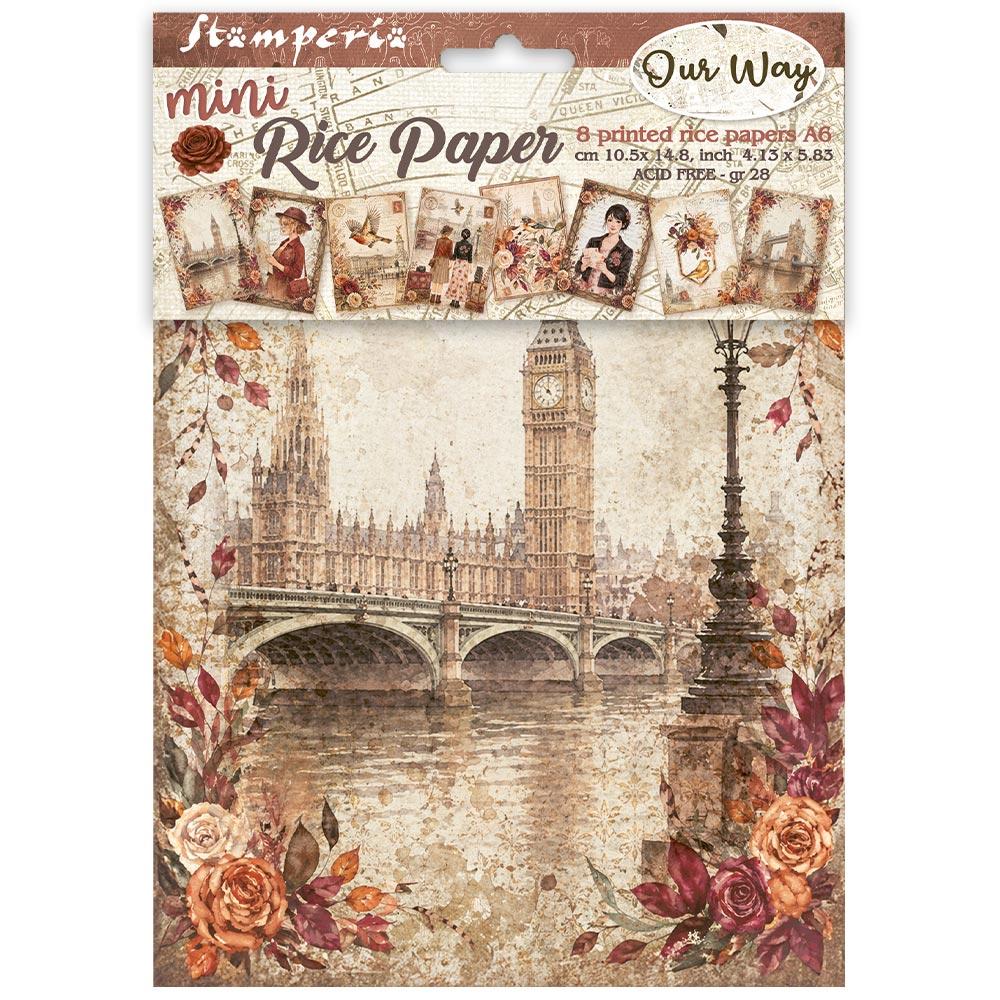 A package of stamperia mini Rice Paper featuring a vintage-style London scene with Big Ben, the Houses of Parliament, a bridge over the river, and floral accents in warm beige, brown, and muted red tones.