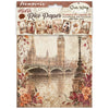 A package of stamperia mini Rice Paper featuring a vintage-style London scene with Big Ben, the Houses of Parliament, a bridge over the river, and floral accents in warm beige, brown, and muted red tones.