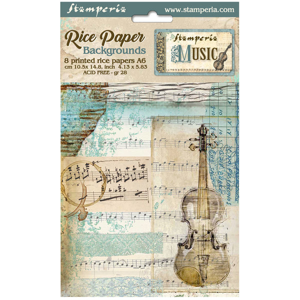 Stamperia MUSIC A6 Assorted Rice Paper Selection Decoupage 8 sheets #DFSAK6033