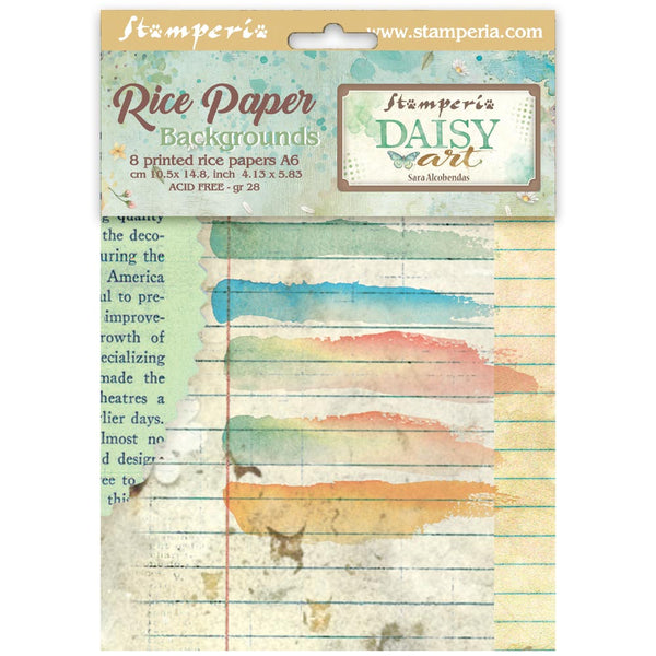 Packaging of Stamperia rice paper backgrounds with watercolor designs and text.
