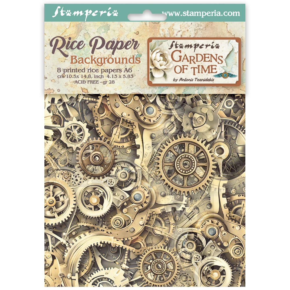 Packaging of Stamperia Gardens of Time rice paper backgrounds with mechanical design.