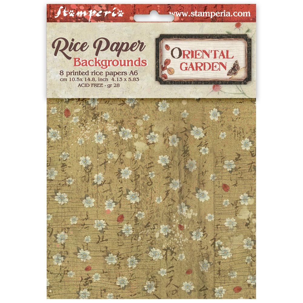 Packaged rice paper backgrounds with floral design and Stamperia branding.