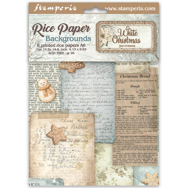 Stamperia WHITE CHRISTMAS A6 BACKGROUNDS Selection Decoupage Rice Paper 8 sheets #DFSAK6059