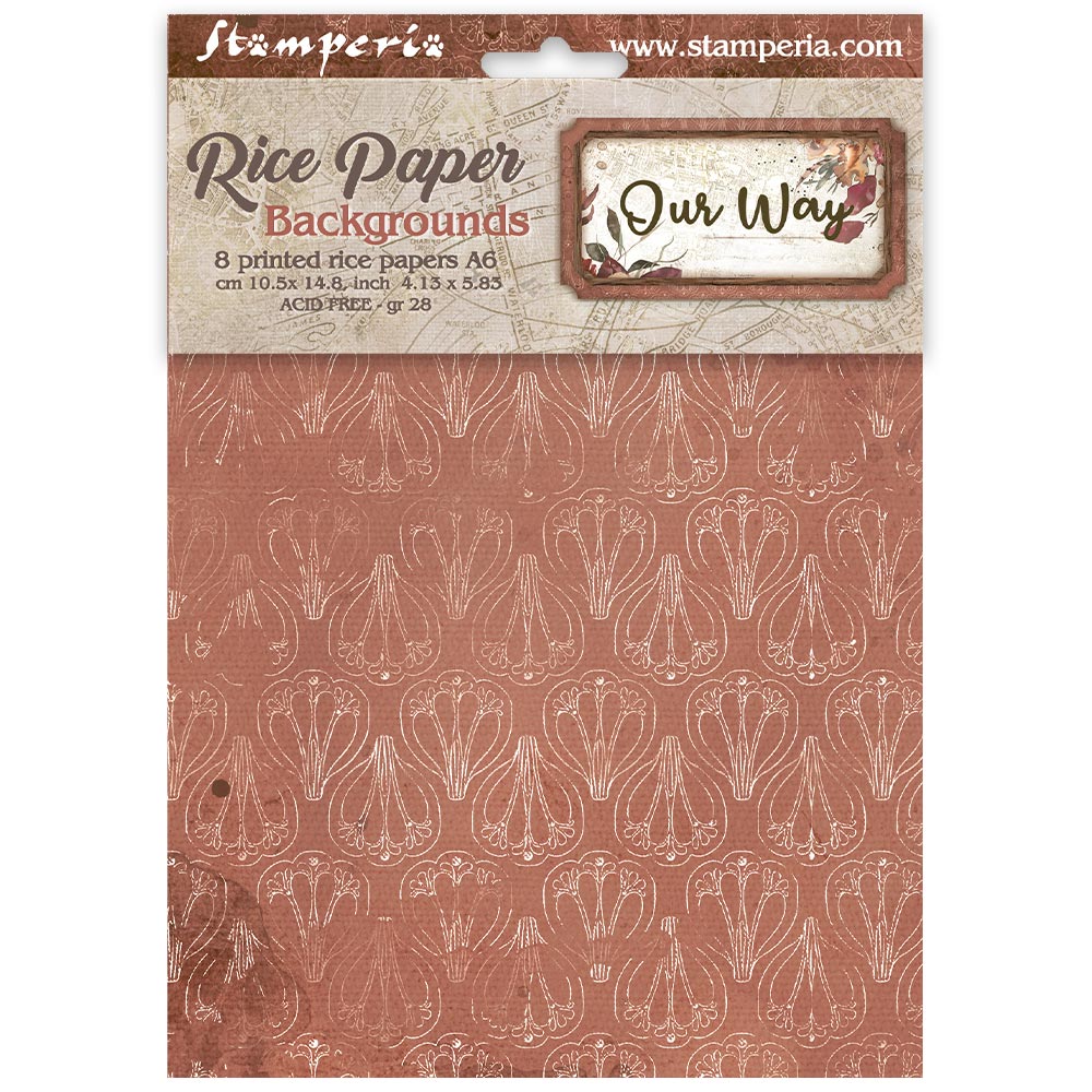 Pack of Stamperia Rice Paper Backgrounds, featuring 8 printed rice papers in a warm terracotta color with a white hand-drawn heart pattern, in a clear plastic sleeve with a decorative header card.