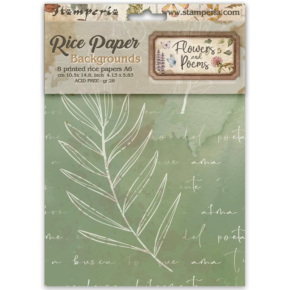 Stamperia Rice Paper Backgrounds 'Flowers and Poems' sheet set, featuring a sage green background with white leaf illustrations and cursive script, packaged in a cardboard sleeve.
