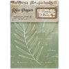 Stamperia Rice Paper Backgrounds 'Flowers and Poems' sheet set, featuring a sage green background with white leaf illustrations and cursive script, packaged in a cardboard sleeve.