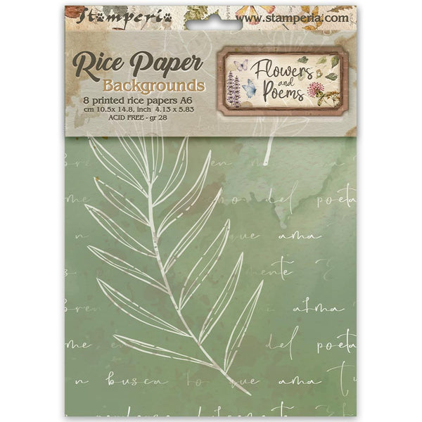 Stamperia Rice Paper Backgrounds 'Flowers and Poems' sheet set, featuring a sage green background with white leaf illustrations and cursive script, packaged in a cardboard sleeve.