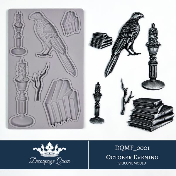 Decoupage Queen OCTOBER EVENING Raven & Books Silicone Moulds Molds 5" x 8"  Mixed Media  Food Safe Resin Decor  #DQMF0001 Limited Edition