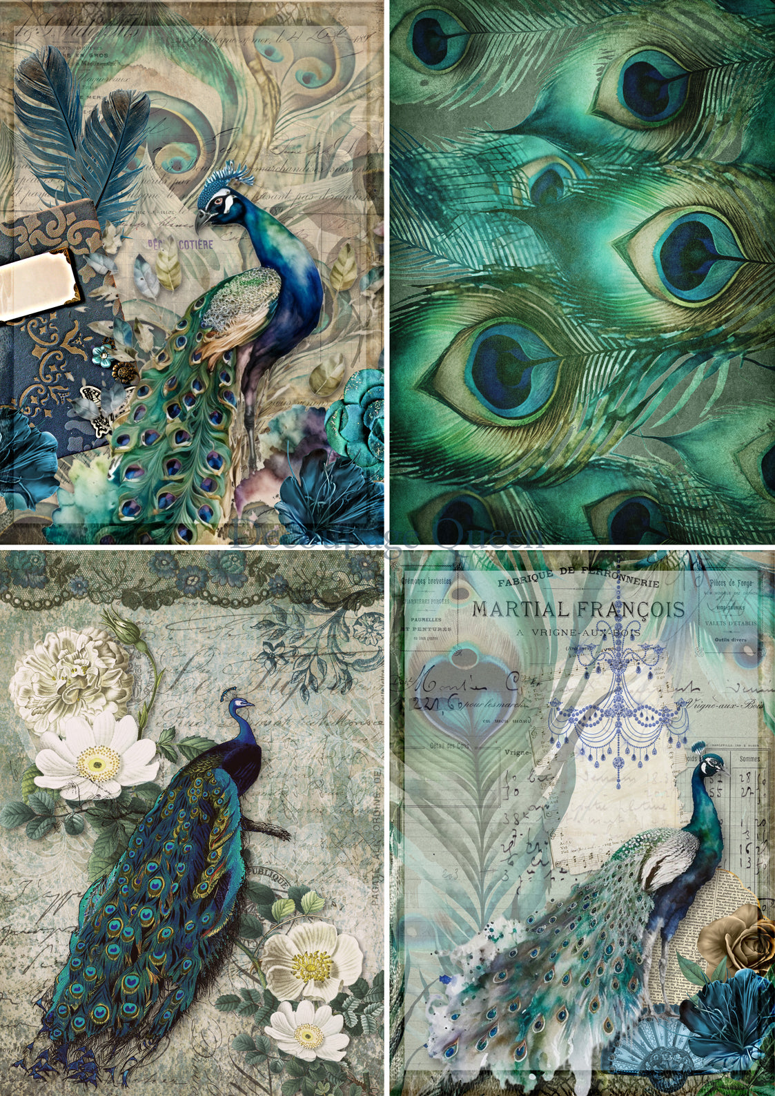 Decoupage Queen PEACOCK FOUR PACK A4 Rice Paper DQRP0566