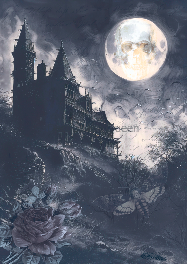 Decoupage Queen Dainty and the Queen MOONLIGHT Halloween Haunted House A4 Rice Paper DQRP0615