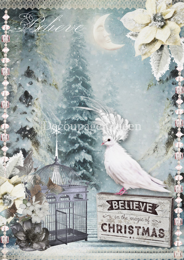 Decoupage Queen BELIEVE Christmas Winter A4 Decoupage Rice Paper DQRP0672