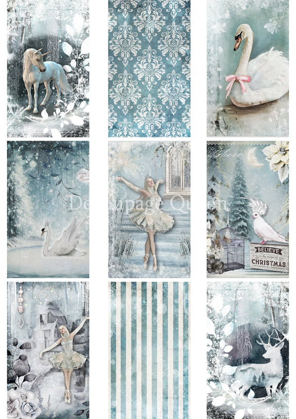 Decoupage Queen WINTER FANTASY TAGS Christmas A4 Decoupage Rice Paper DQRP0682
