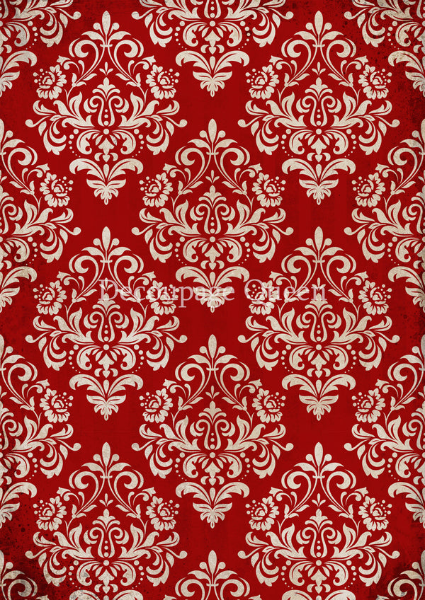 Decoupage Queen CHRISTMAS RED DAMASK Christmas A4 Decoupage Rice Paper DQRP0684