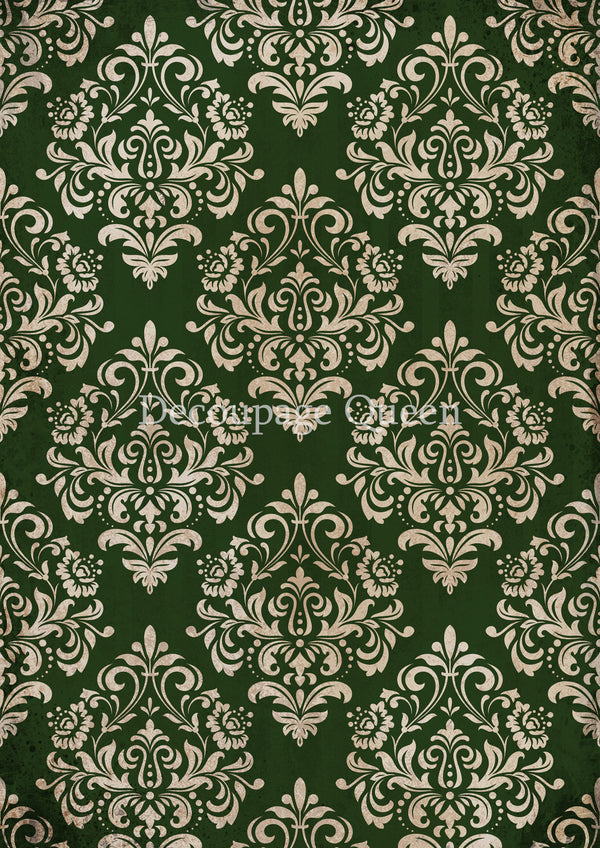 Decoupage Queen CHRISTMAS GREEN DAMASK Christmas A4 Decoupage Rice Paper DQRP0685