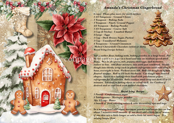 Decoupage Queen AMANDA'S GINGERBREAD RECIPE Christmas A4 Decoupage Rice Paper DQRP0691